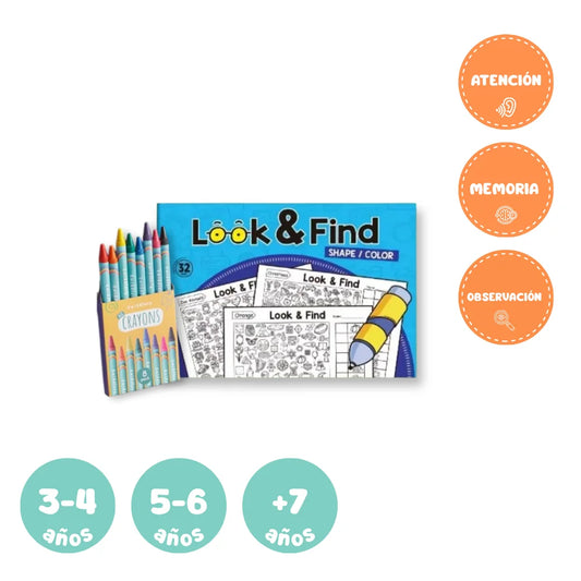 Cuaderno de Busca, Encuentra y Colorea + Crayones